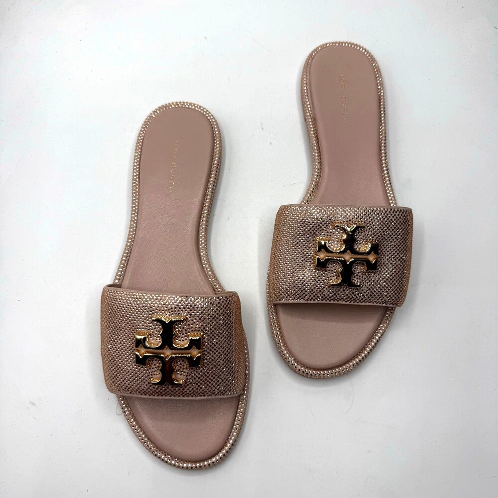 NEW NWT Tory Burch Womens Everly Slide Royal Suede Posy Pink Crystal Gold Size 8